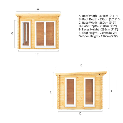 3M X 3M Studio Pent Log Cabin - 44Mm - (Upvc Windows & Doors) - White