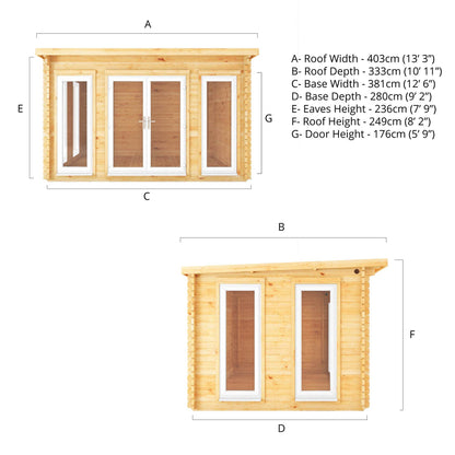 4M X 3M Studio Pent Log Cabin - 44Mm (Upvc Windows & Door) - White