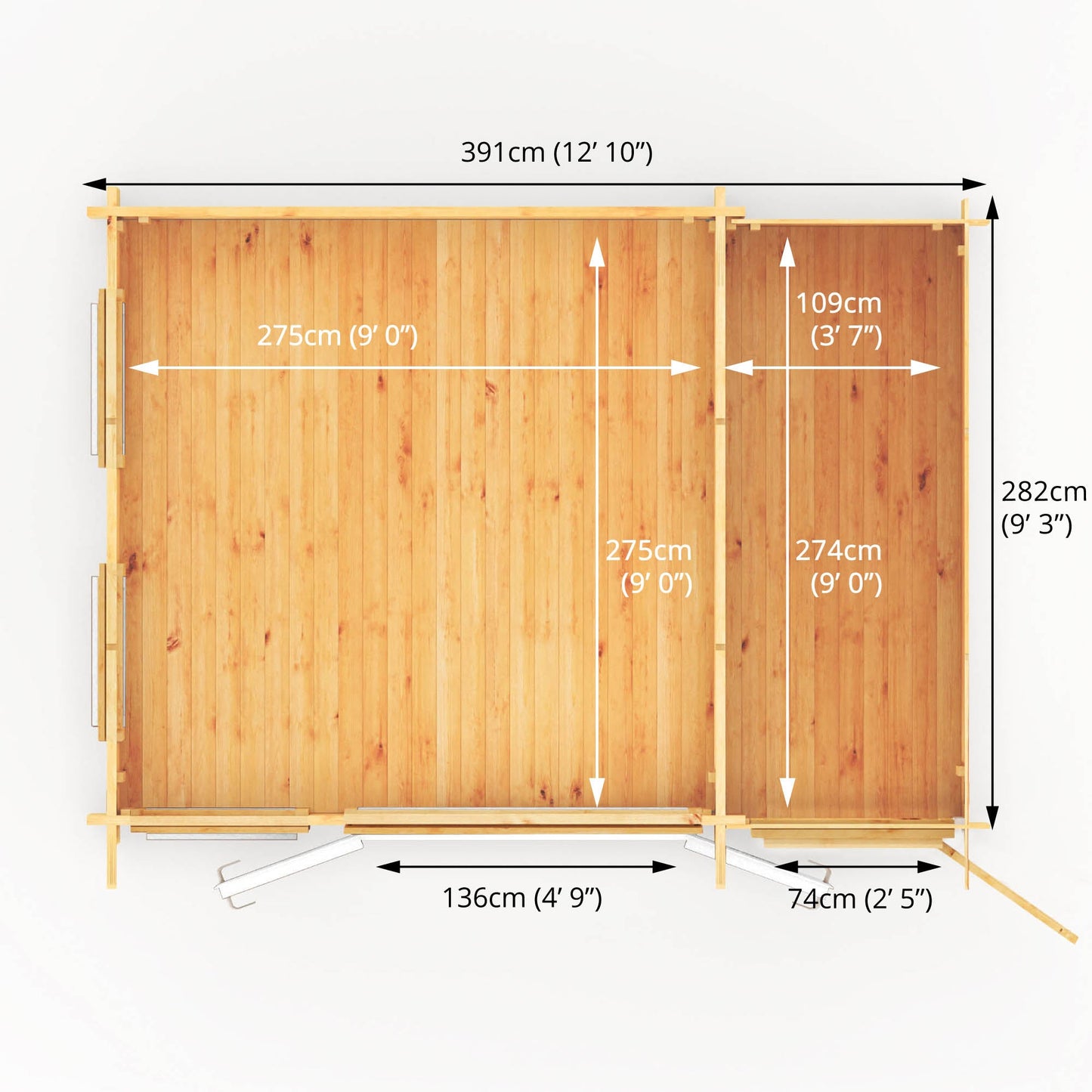 4.1M X 3M Studio Pent Log Cabin With Side Shed - 44Mm  (Upvc Windows & Door) - White