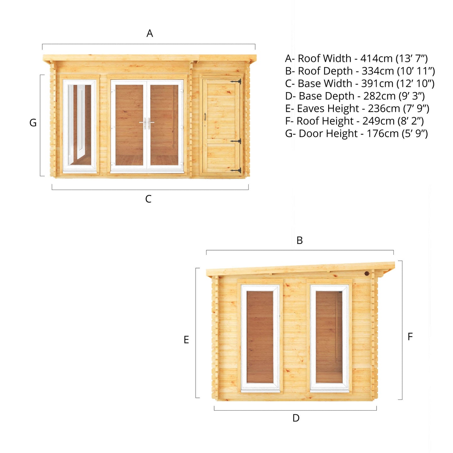 4.1M X 3M Studio Pent Log Cabin With Side Shed - 44Mm  (Upvc Windows & Door) - White