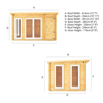 4.1M X 3M Studio Pent Log Cabin With Side Shed - 44Mm  (Upvc Windows & Door) - White