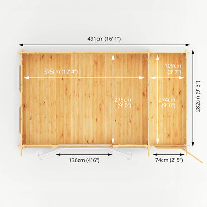 5.1M X 3M Studio Pent Log Cabin With Side Shed - 44Mm  (Upvc Windows & Door) - White