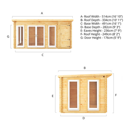 5.1M X 3M Studio Pent Log Cabin With Side Shed - 44Mm  (Upvc Windows & Door) - White