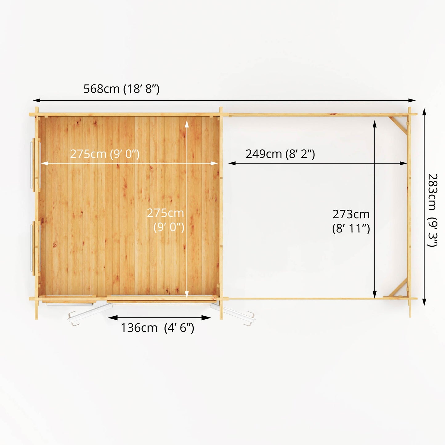 6M X 3M Studio Pent Log Cabin With Slatted Area - 44Mm (Upvc Windows & Door) - White