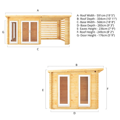 6M X 3M Studio Pent Log Cabin With Slatted Area - 44Mm (Upvc Windows & Door) - White