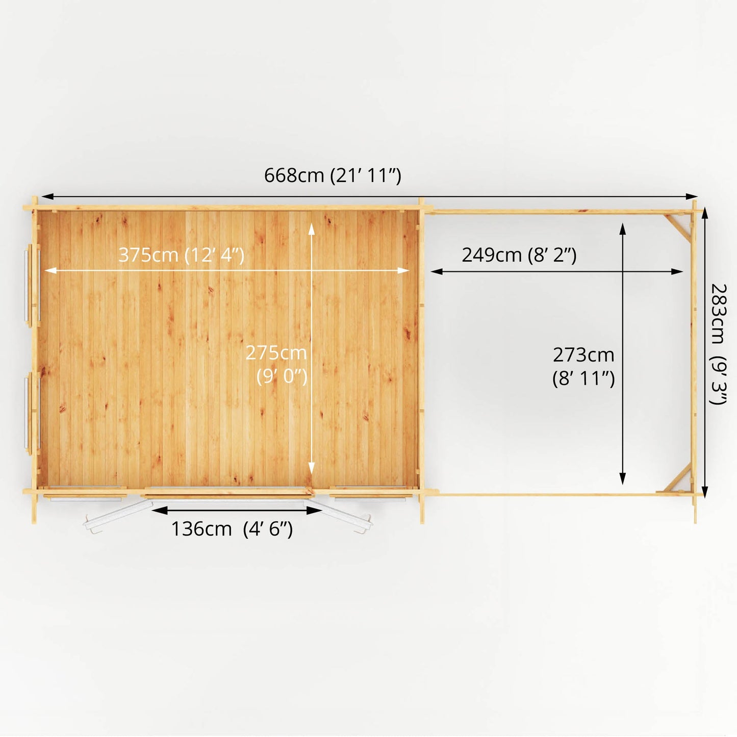 7M X 3M Studio Pent Log Cabin With Slatted Area - 44Mm (Upvc Windows & Door) - White