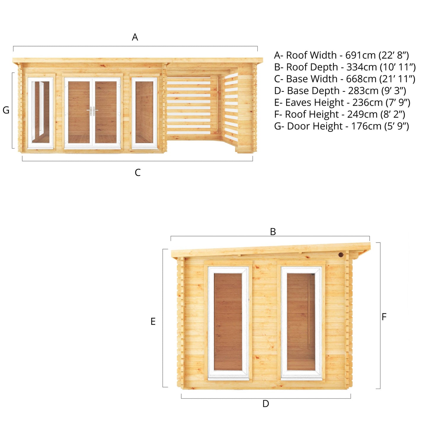 7M X 3M Studio Pent Log Cabin With Slatted Area - 44Mm (Upvc Windows & Door) - White