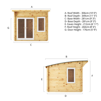 3M X 3M Curved Roof Log Cabin - 44Mm (Upvc Windows & Door) - White