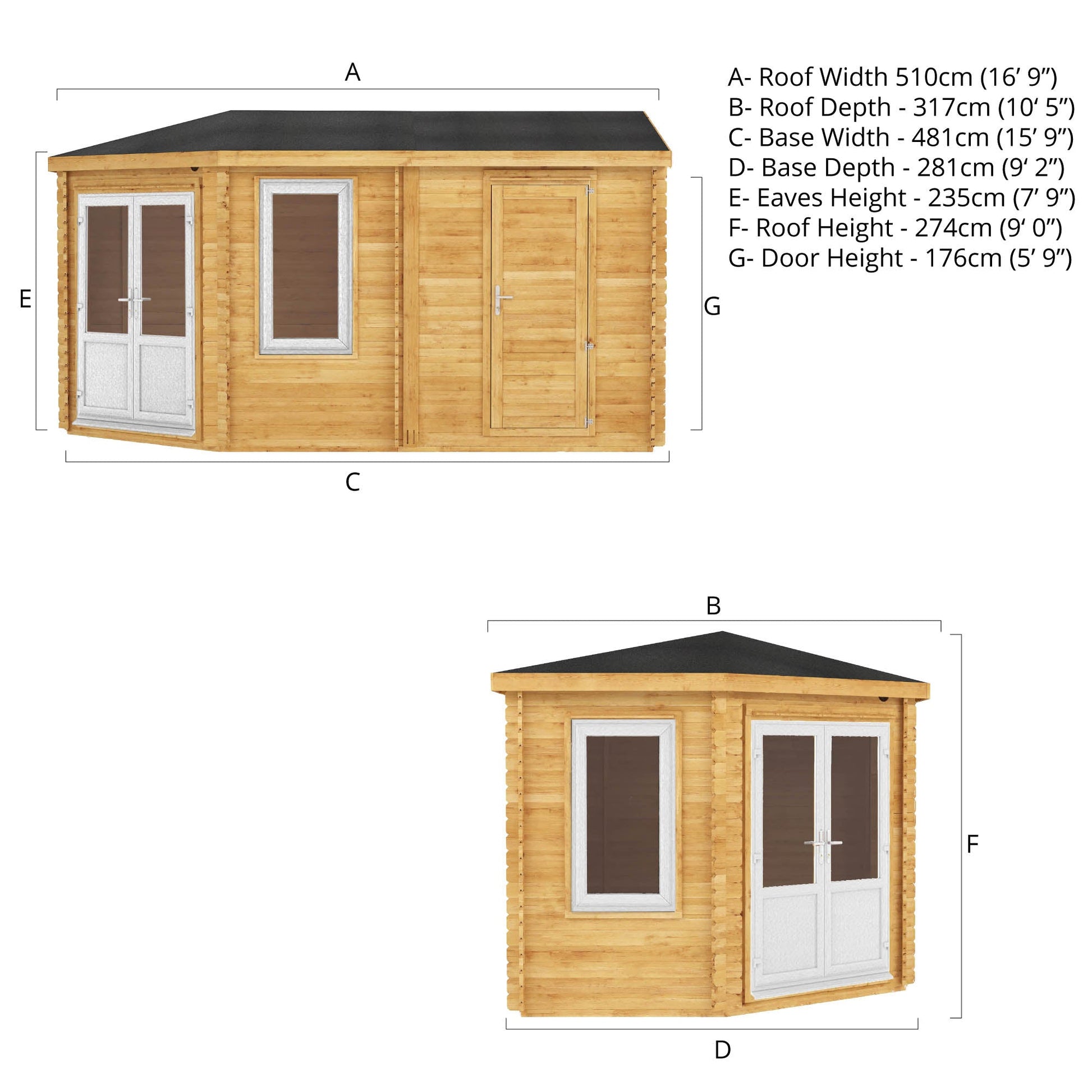 5M X 3M Corner Lodge Log Cabin With Side Shed - 44Mm (Upvc Windows & Door) - White