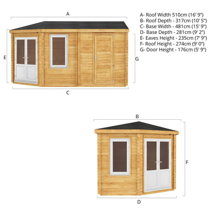 5M X 3M Corner Lodge Log Cabin With Side Shed - 44Mm (Upvc Windows & Door) - White