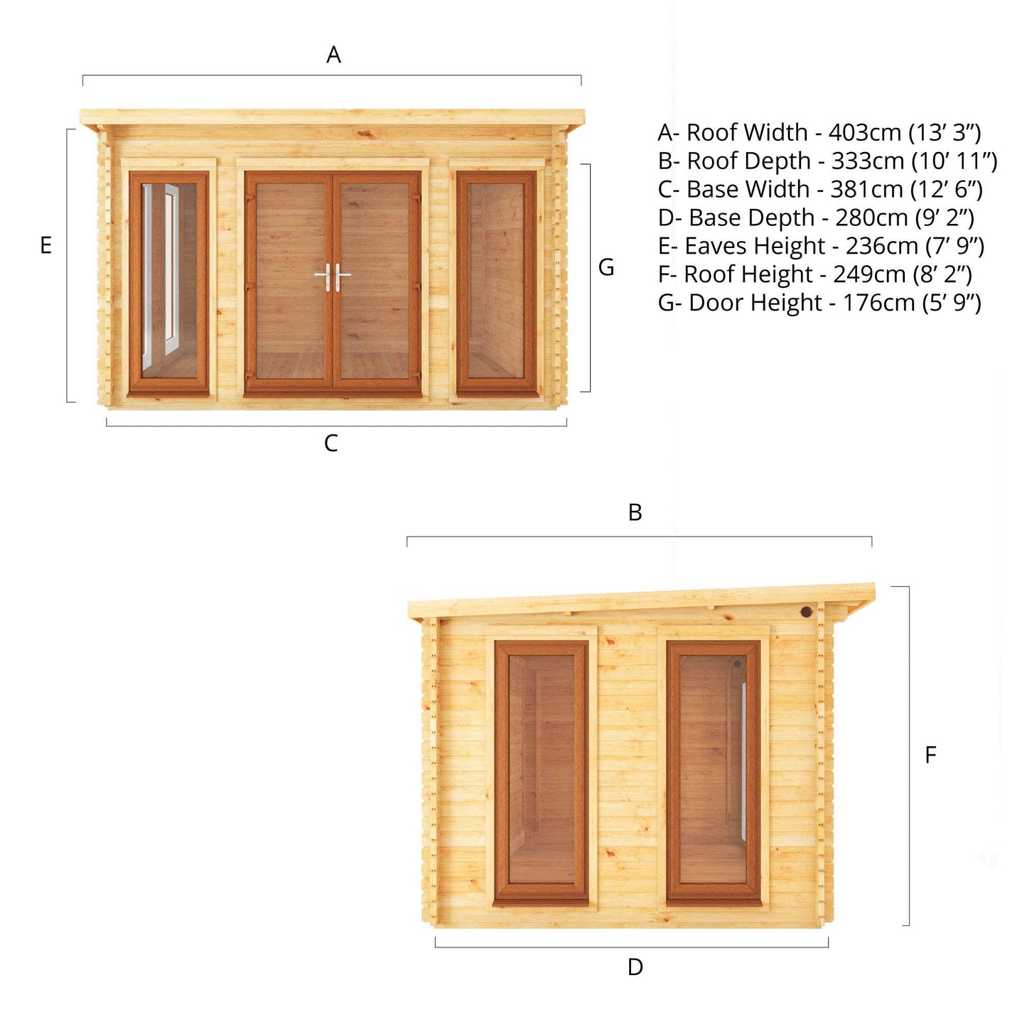 4M X 3M Studio Pent Log Cabin - 44Mm (Upvc Windows & Door) - Oak