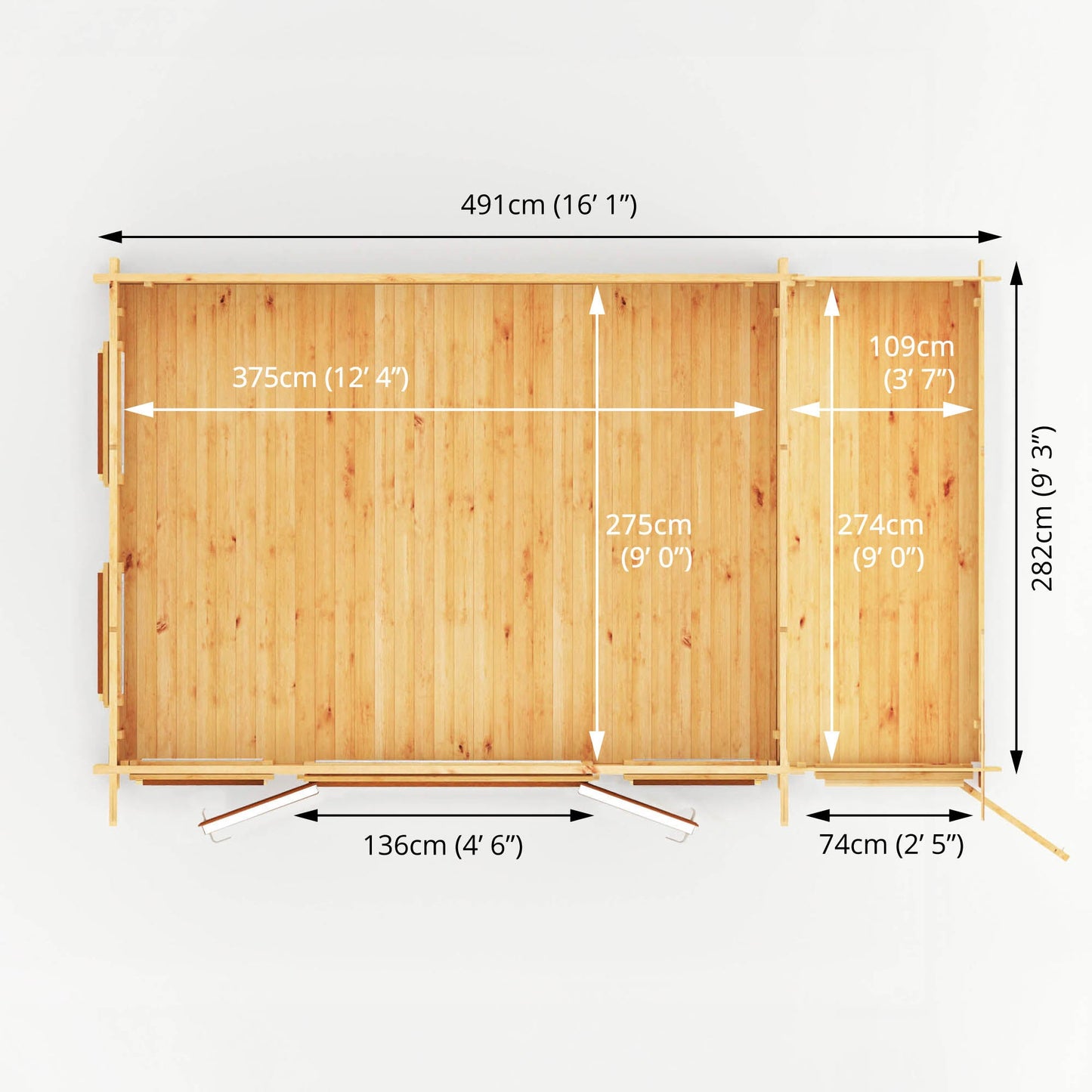 5.1M X 3M Studio Pent Log Cabin With Side Shed - 44Mm  (Upvc Windows & Door) - Oak