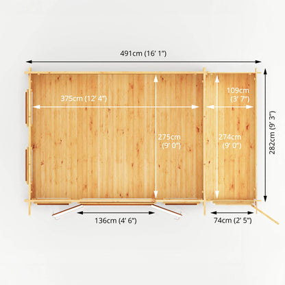 5.1M X 3M Studio Pent Log Cabin With Side Shed - 44Mm  (Upvc Windows & Door) - Oak