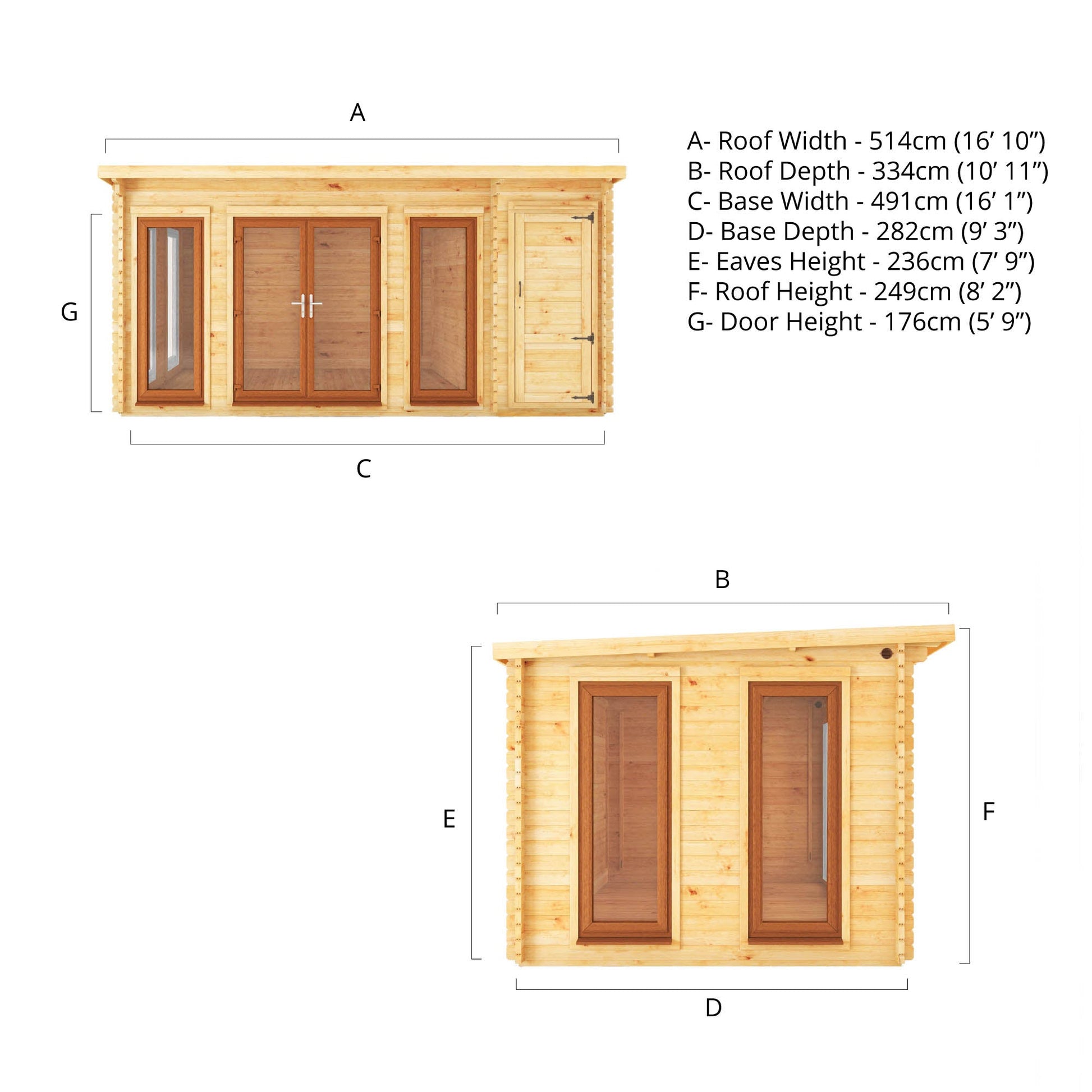 5.1M X 3M Studio Pent Log Cabin With Side Shed - 44Mm  (Upvc Windows & Door) - Oak