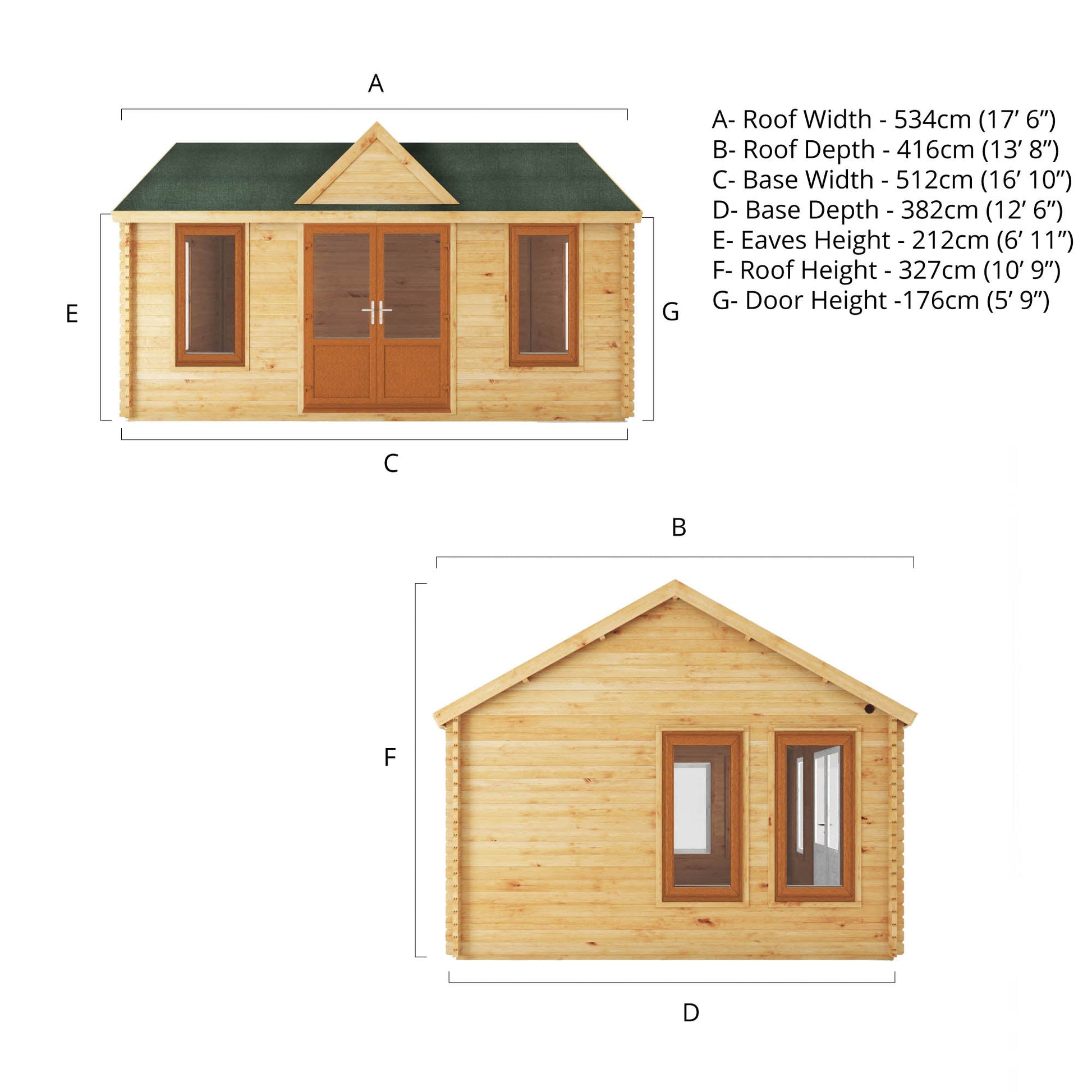 5.3M X 4M Clock Tower Log Cabin - 44Mm (Upvc Windows & Door) - Oak