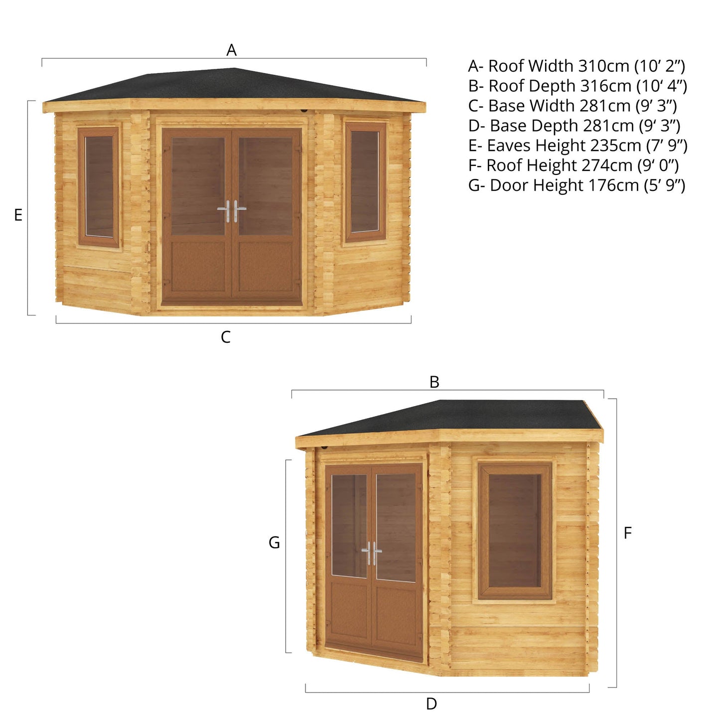 3M X 3M Corner Cabin - 44Mm (Upvc Windows & Door) - Oak