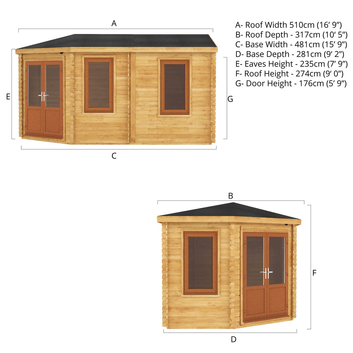 5M X 3M Corner Lodge Log Cabin - 44Mm (Upvc Windows & Door) - Oak