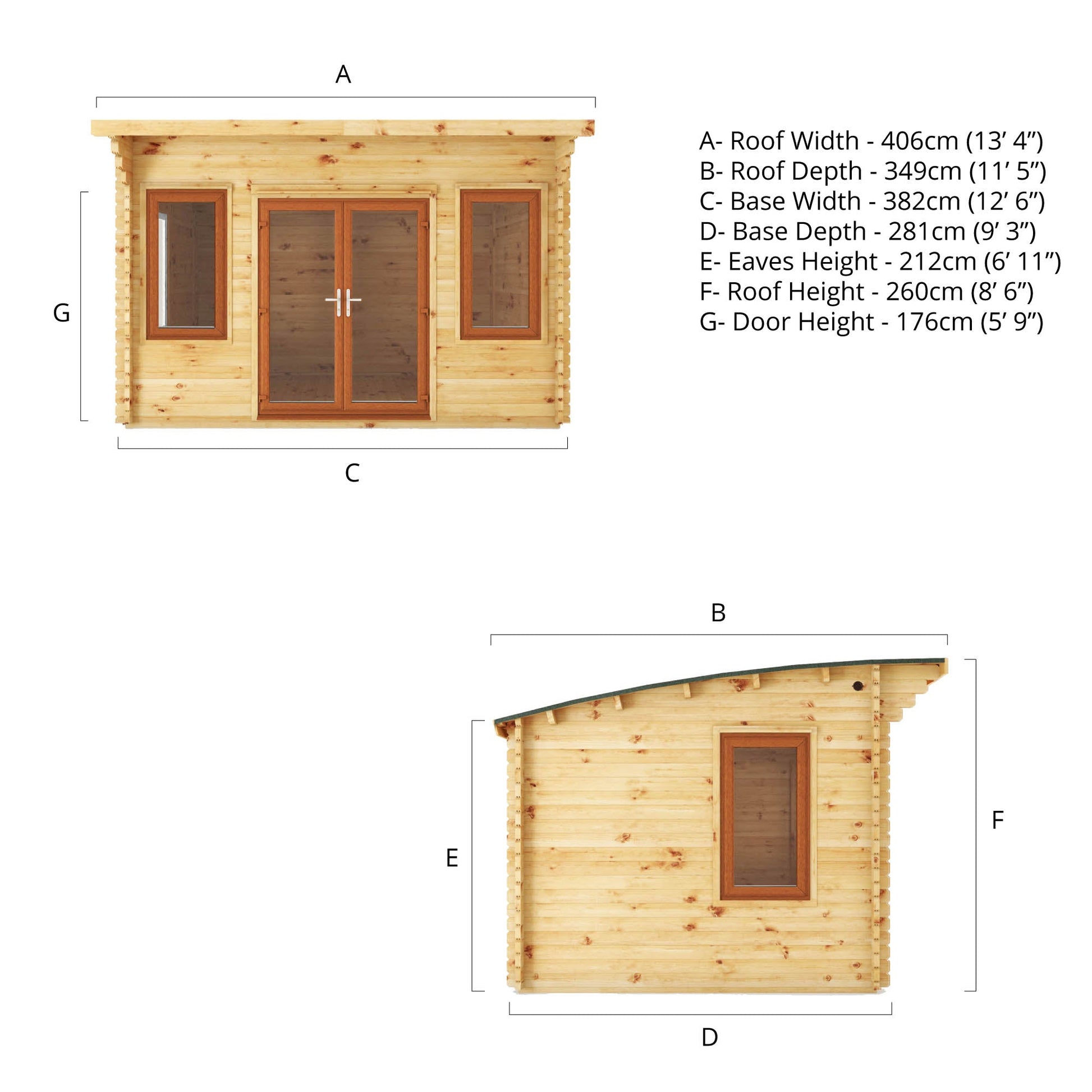 4M X 3M Curved Roof Log Cabin - 44Mm (Upvc Windows & Door) - Oak