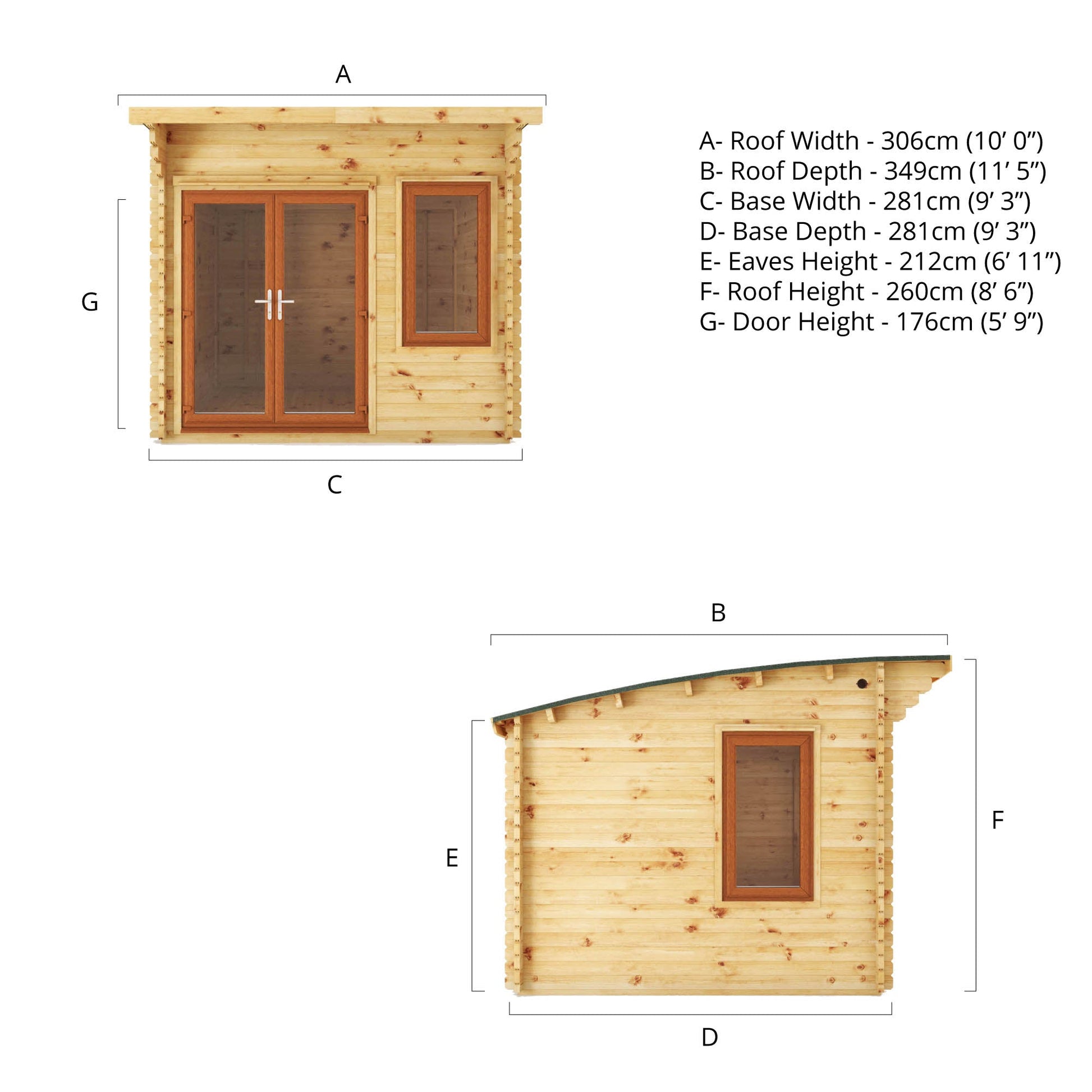 3M X 3M Curved Roof Log Cabin - 44Mm (Upvc Windows & Door) - Oak