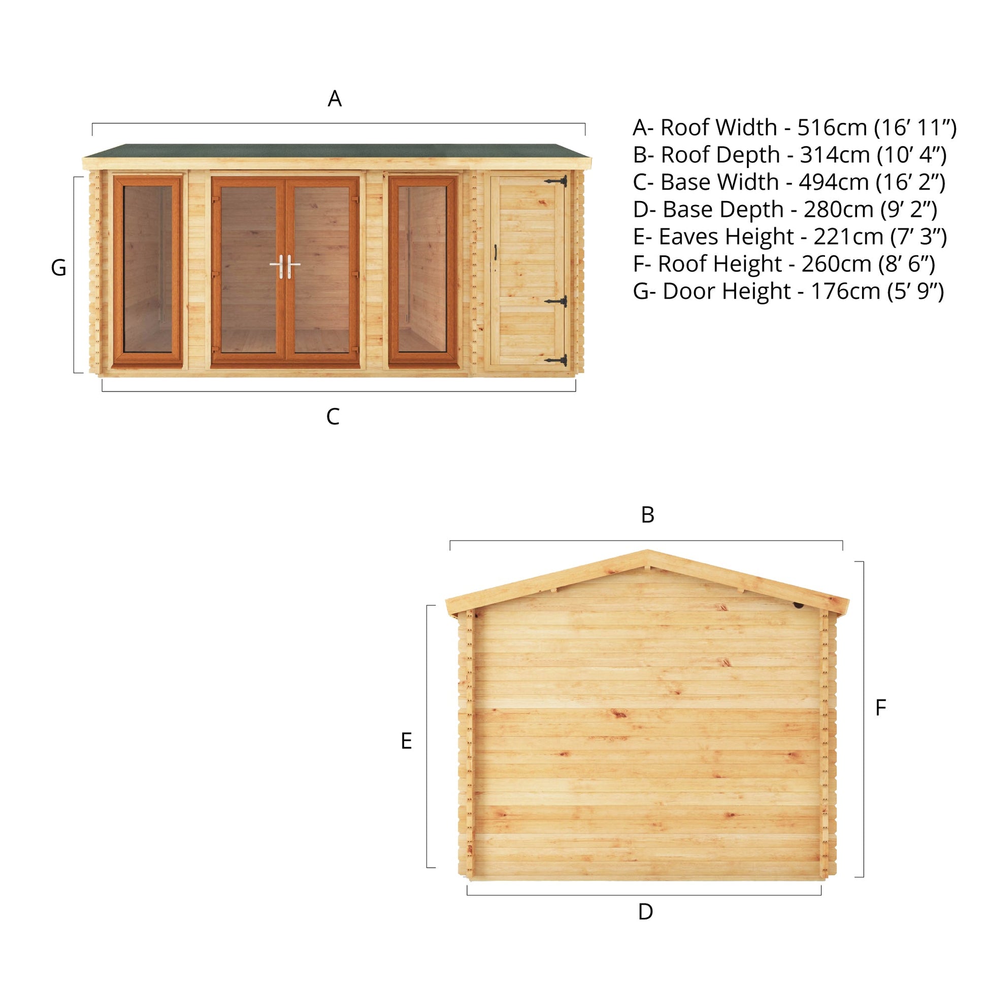 5.1M X 3M Home Office Studio With Side Shed - 44Mm (Upvc Windows & Door) - Oak