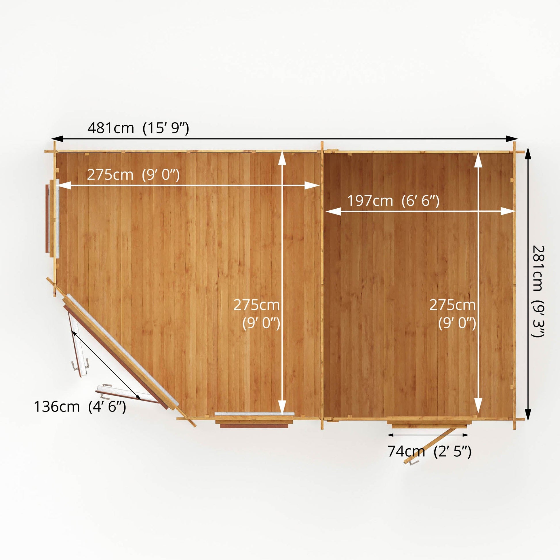 5M X 3M Corner Lodge Log Cabin With Side Shed - 44Mm (Upvc Windows & Door) - Oak