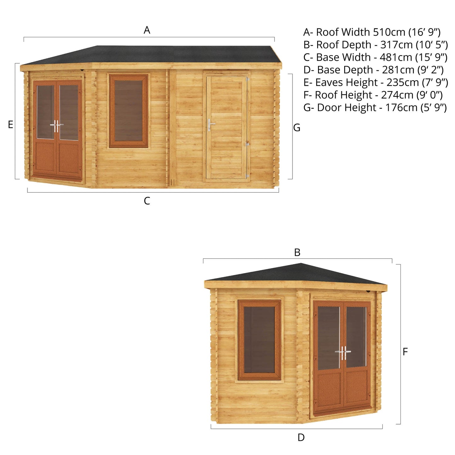 5M X 3M Corner Lodge Log Cabin With Side Shed - 44Mm (Upvc Windows & Door) - Oak