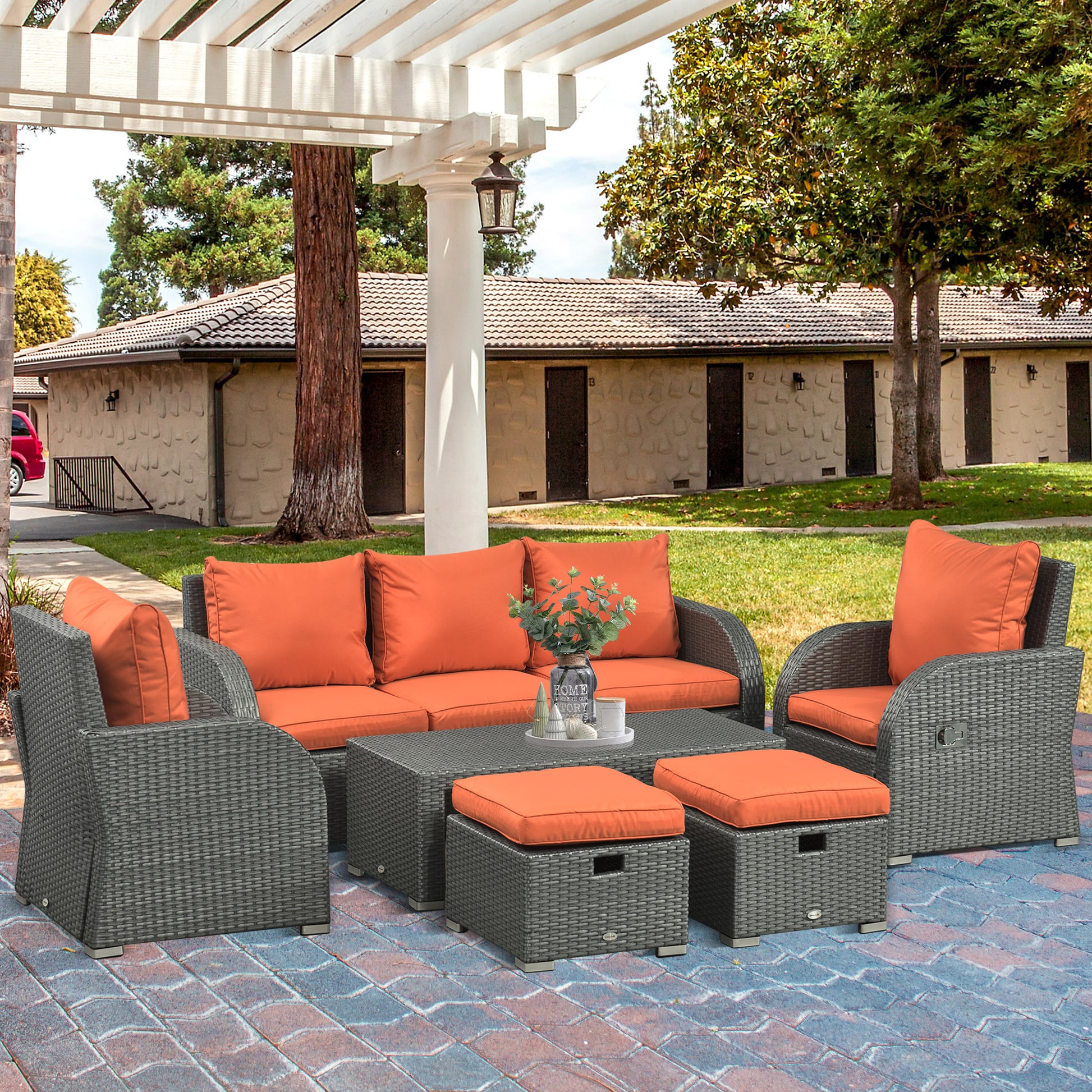 Outsunny 6pc Outdoor Rattan Wicker Furniture Set with 3-Seat Sofa, 2 Single Sofas, 2 Footstools and Coffee Table Orange