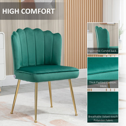 HOMCOM Shell Luxe Velvet Accent Chair, Modern Living Room Chair with Gold Metal Legs for Living Room, Bedroom, Home Office, Set of 2, Green