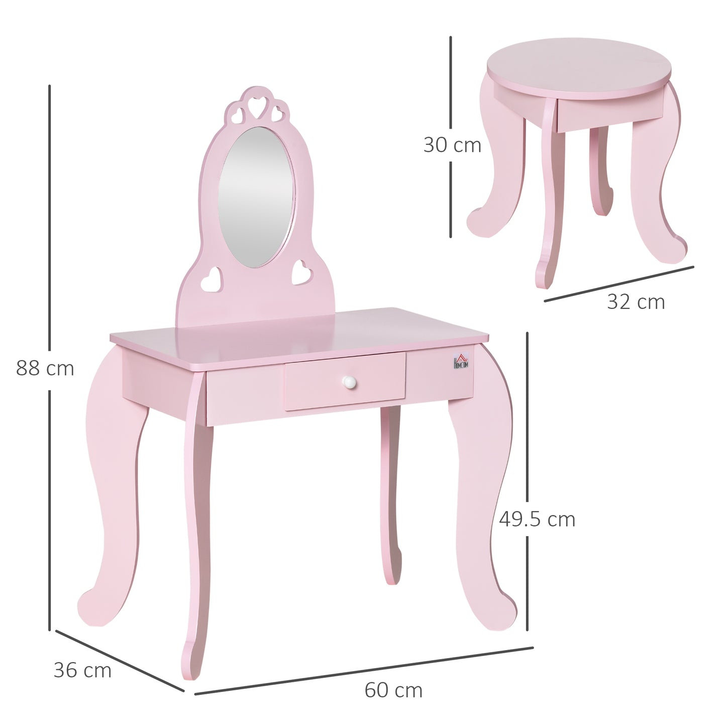 HOMCOM Kids Vanity Table & Stool Girls Dressing Set Make Up Desk Chair Dresser Play Set with Mirror Pink