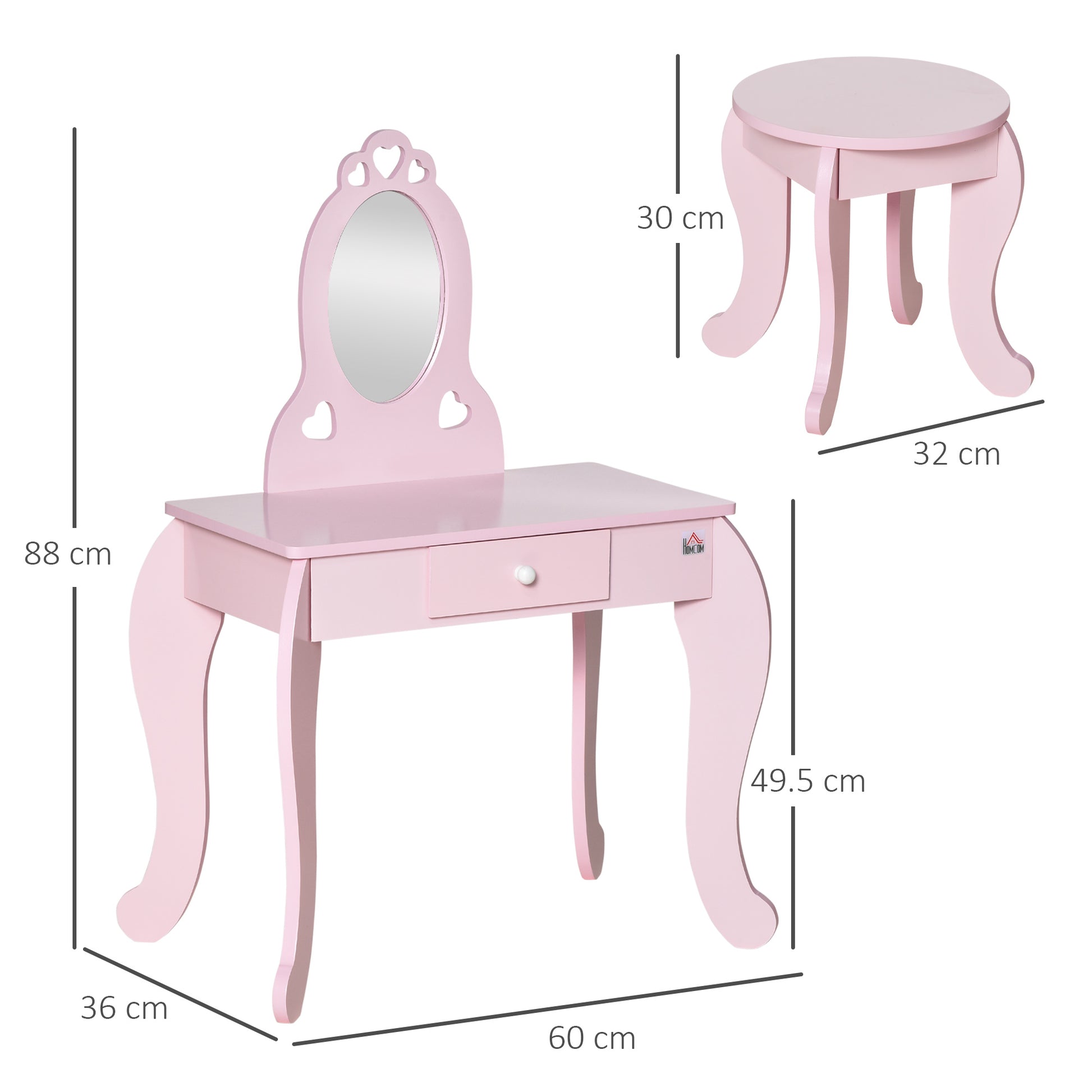 HOMCOM Kids Vanity Table & Stool Girls Dressing Set Make Up Desk Chair Dresser Play Set with Mirror Pink