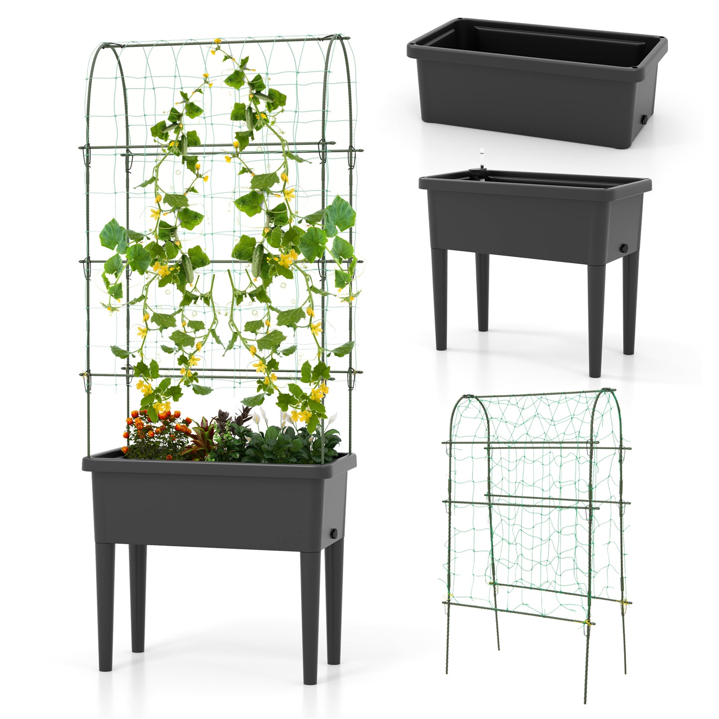 Self-watering Raised Garden Bed with Climbing Trellis-Black