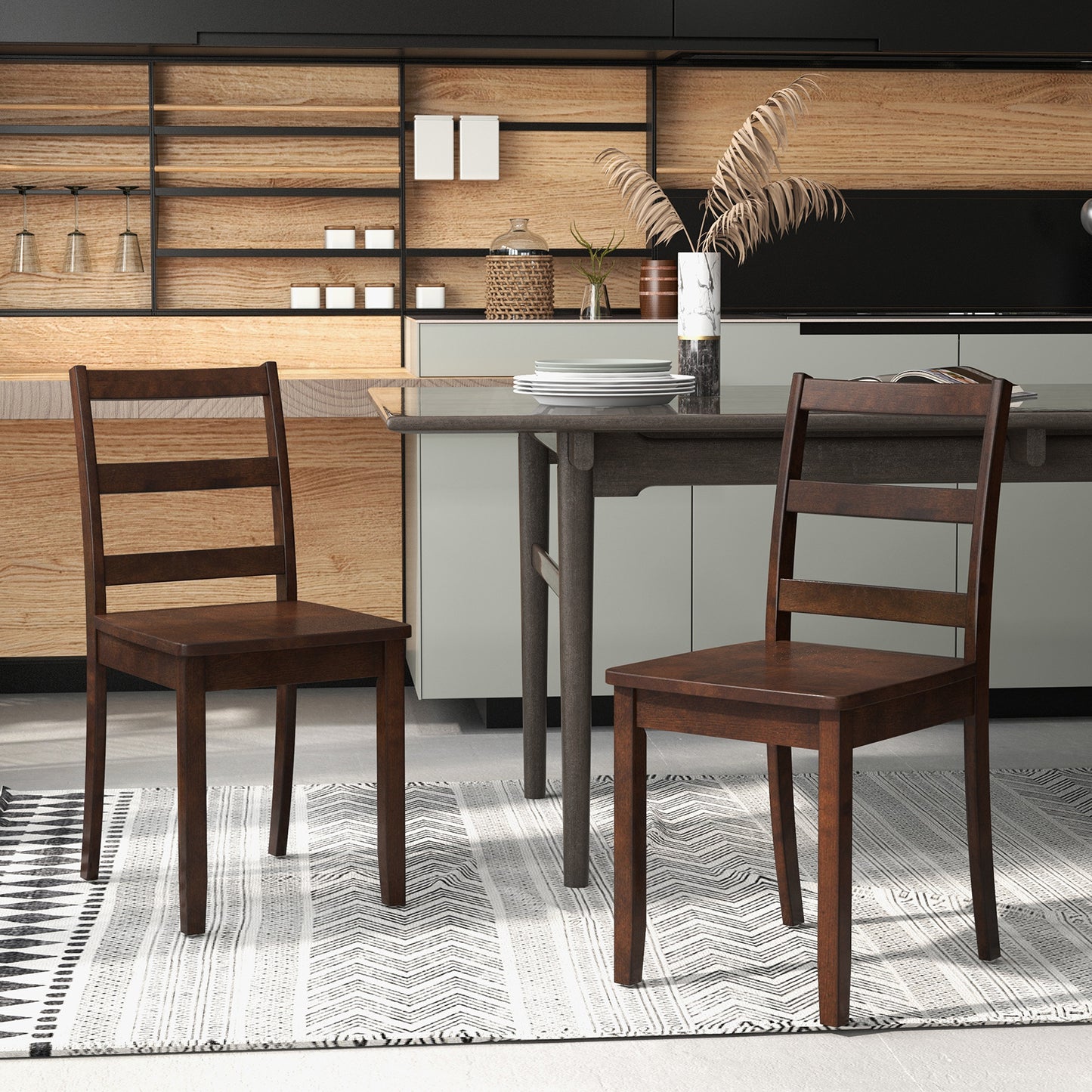 Set of 2 Dining Chairs with Solid Rubber Wood Legs and Non-slip Food Pads-Brown