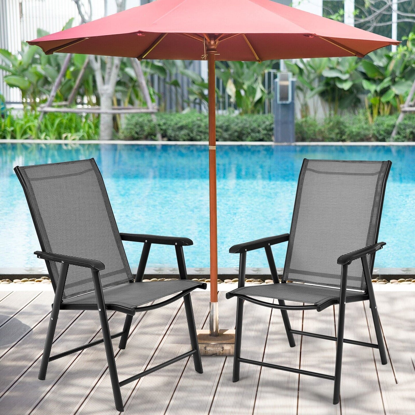 Set of 2 Folding Outdoor Dining Chairs with Ergonomic Armrests-Grey