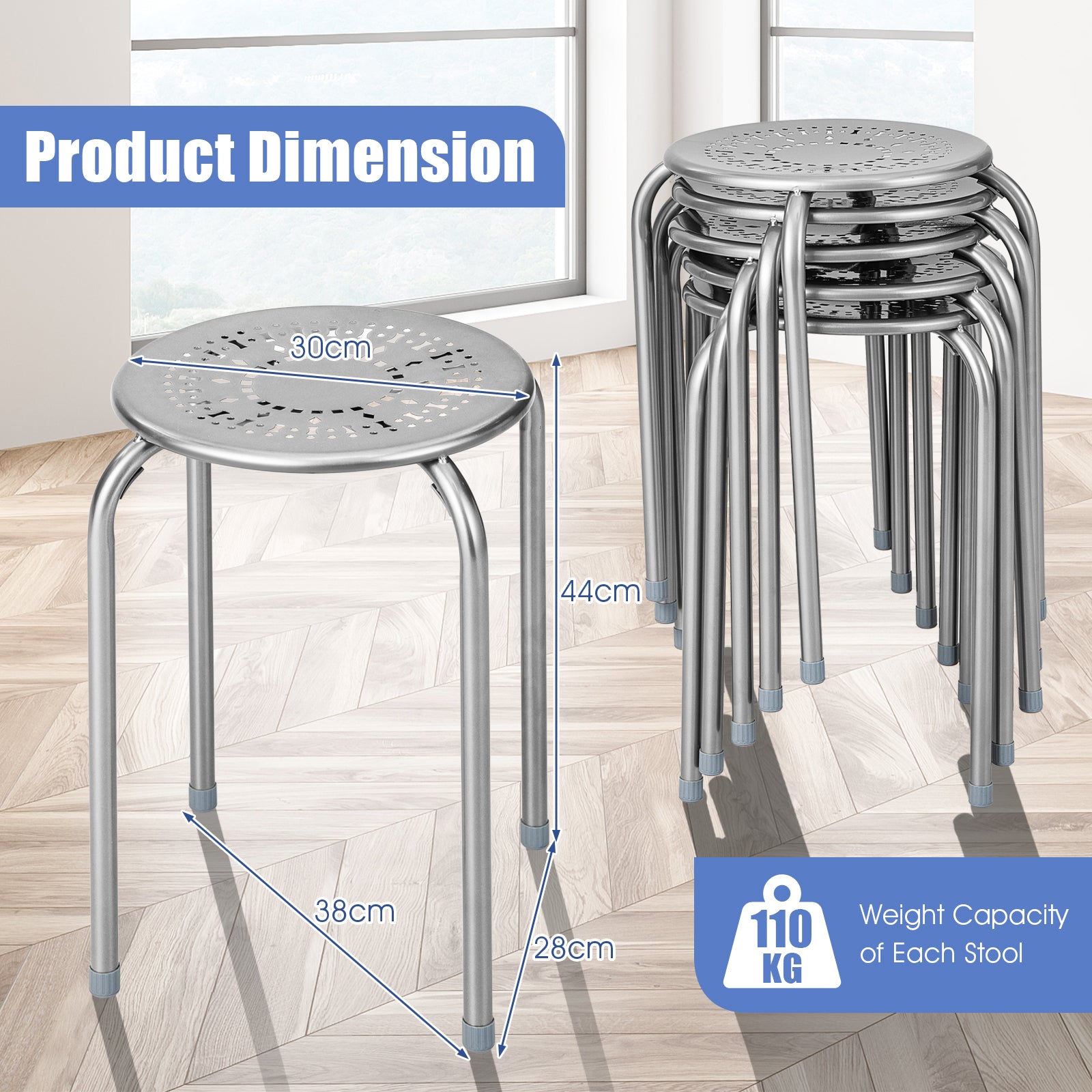 Set of 6 Round Metal Stools Support up to 120kg-Grey