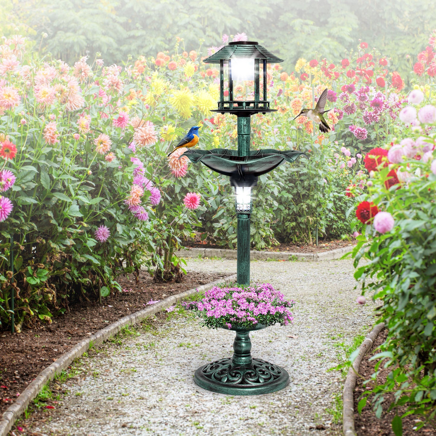 Antique Lighted Birdbath and Feeder Combo with 2 Solar-powered Lamps-Bronze