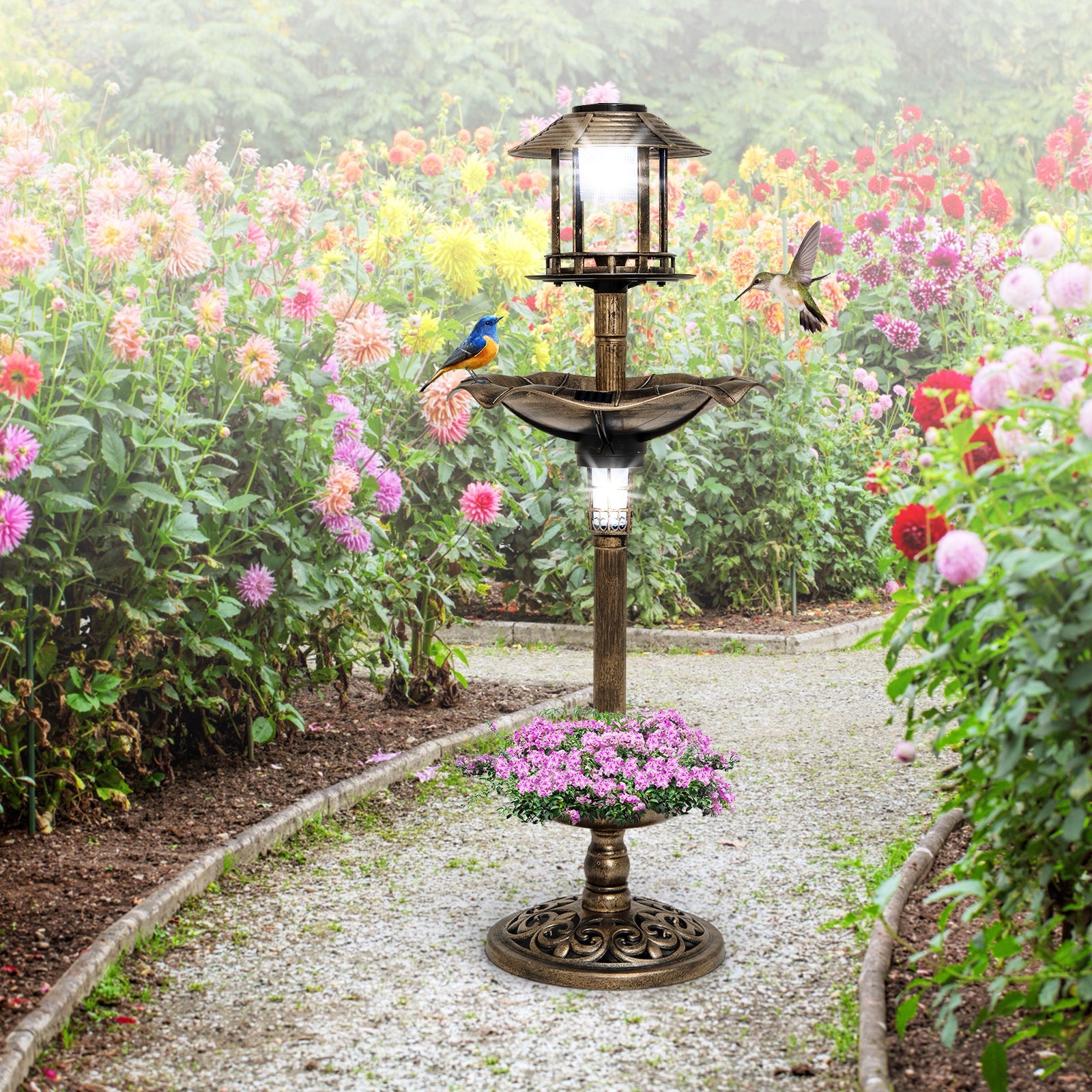 Antique Lighted Birdbath and Feeder Combo with 2 Solar-powered Lamps-Antique