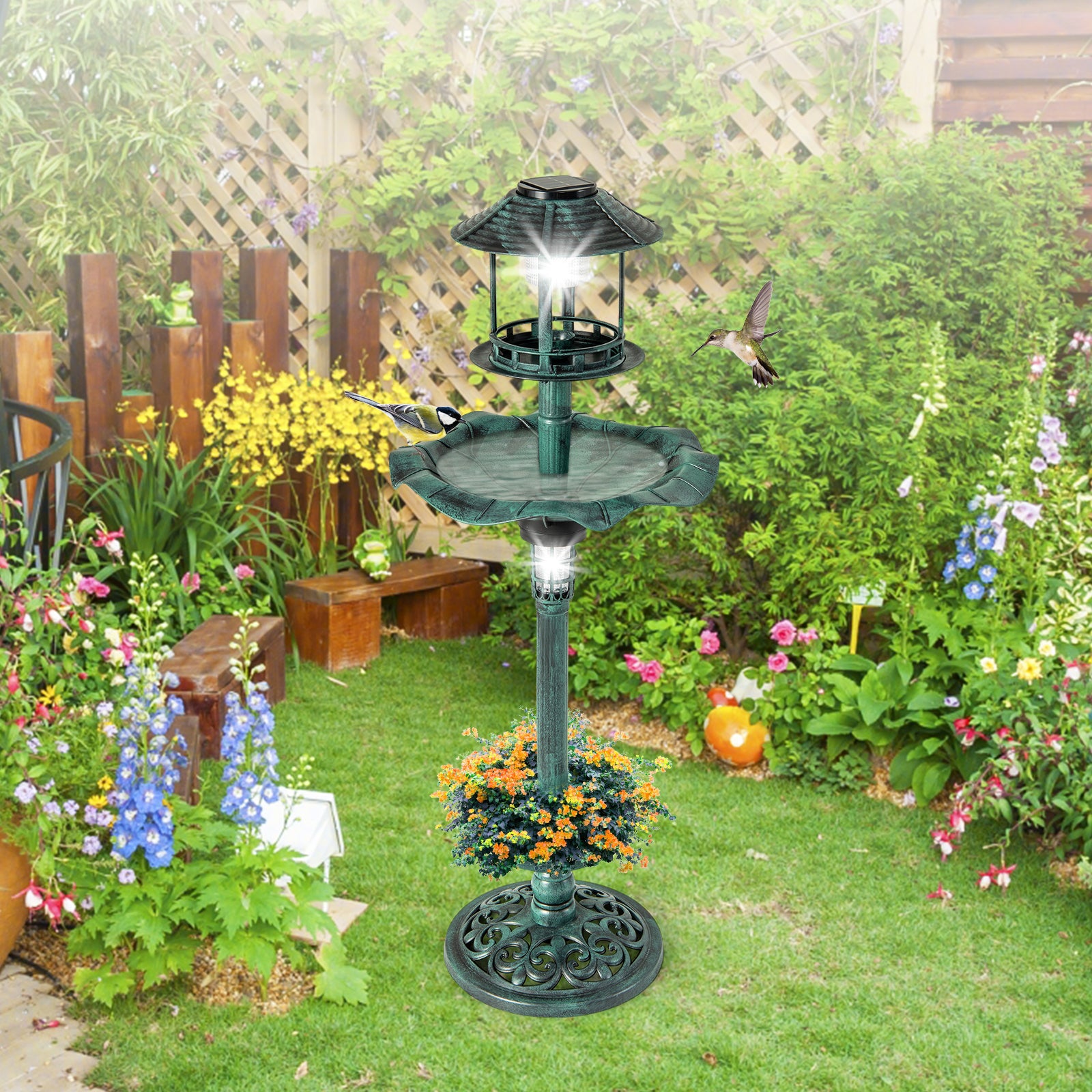 Antique Lighted Birdbath and Feeder Combo with 2 Solar-powered Lamps-Bronze