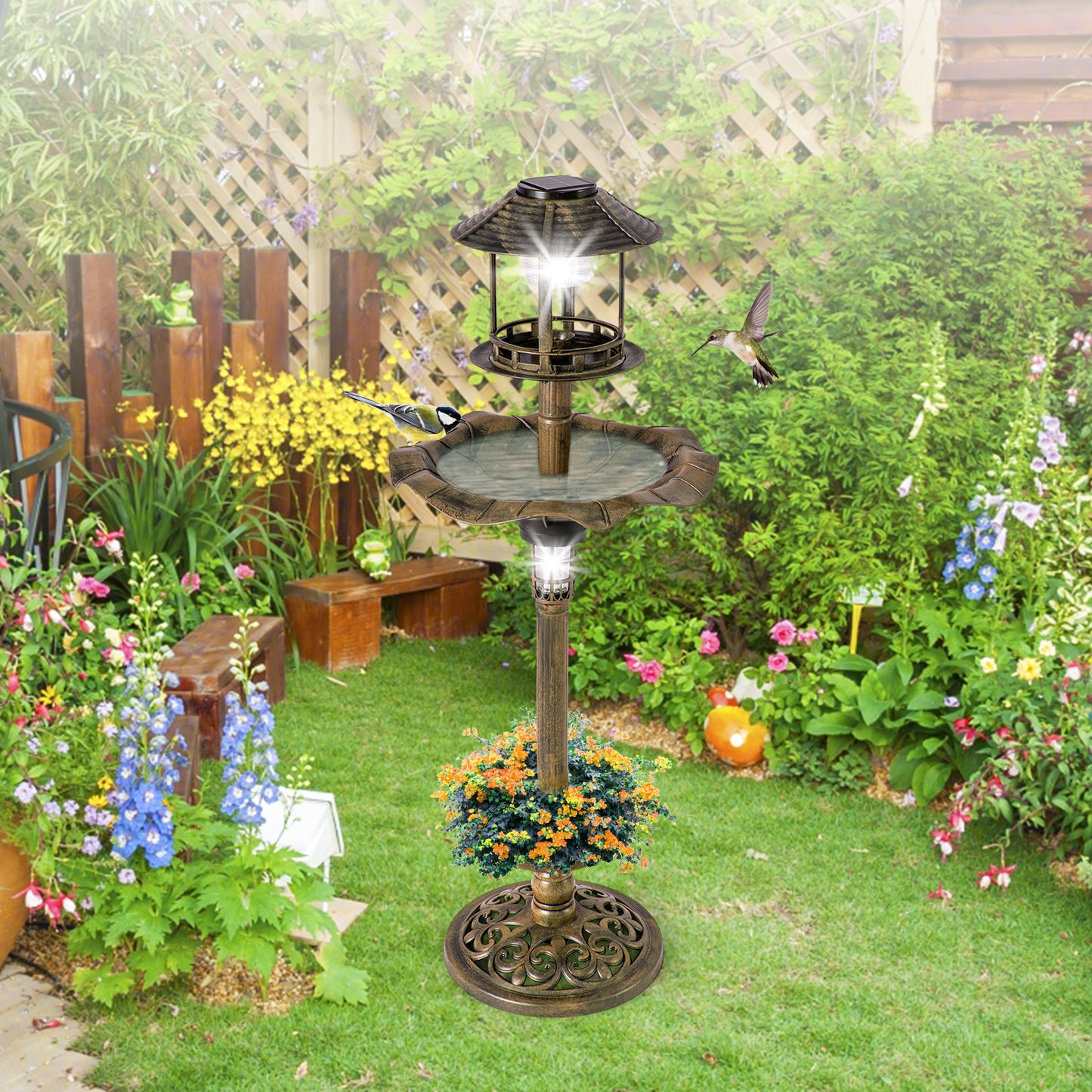 Antique Lighted Birdbath and Feeder Combo with 2 Solar-powered Lamps-Antique