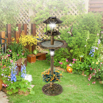 Antique Lighted Birdbath and Feeder Combo with 2 Solar-powered Lamps-Antique