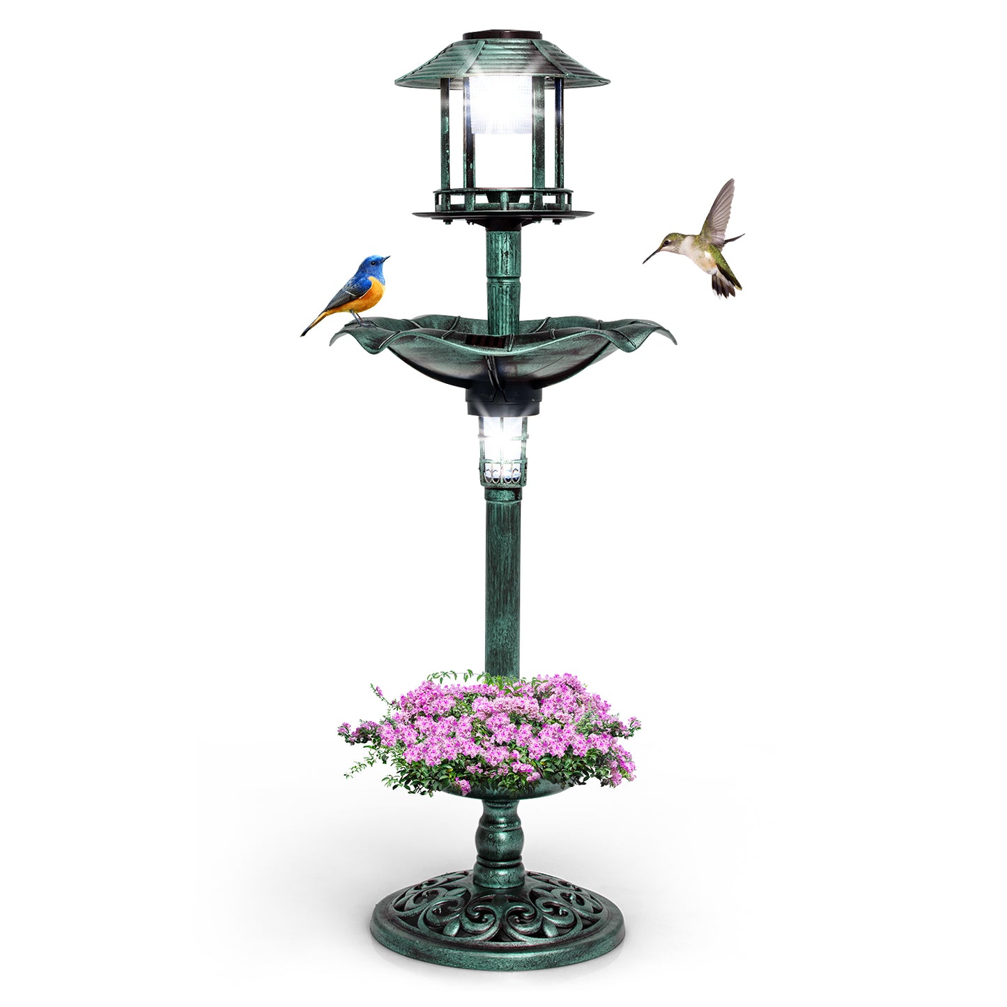 Antique Lighted Birdbath and Feeder Combo with 2 Solar-powered Lamps-Bronze