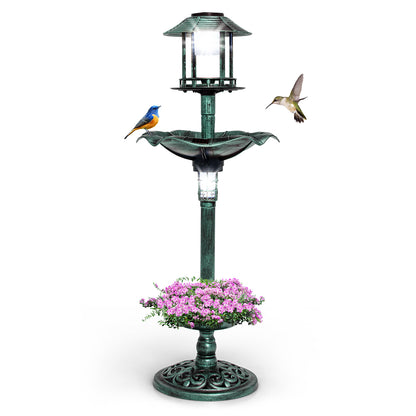 Antique Lighted Birdbath and Feeder Combo with 2 Solar-powered Lamps-Bronze