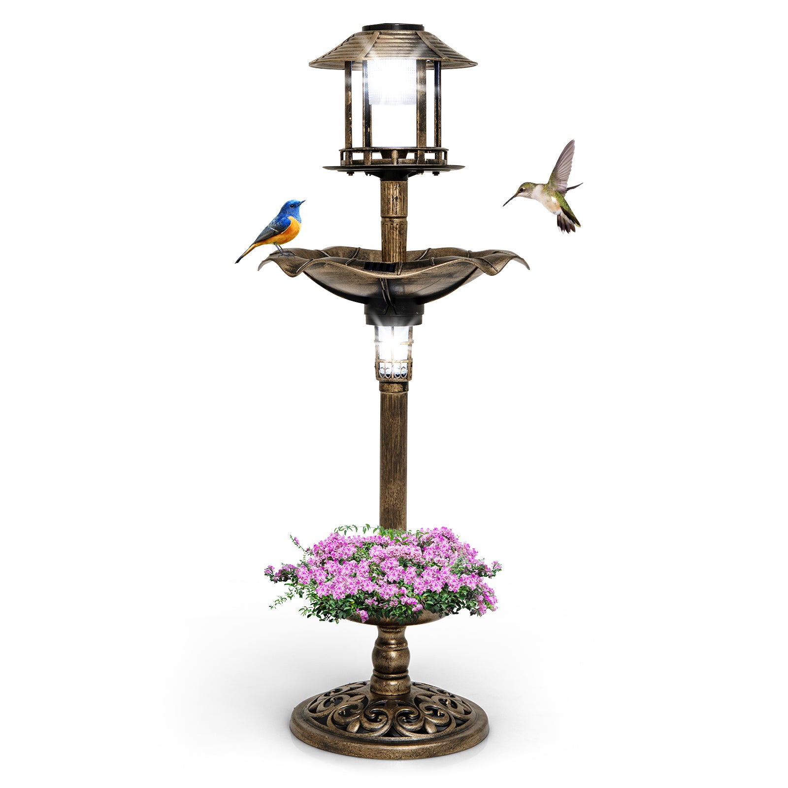 Antique Lighted Birdbath and Feeder Combo with 2 Solar-powered Lamps-Antique