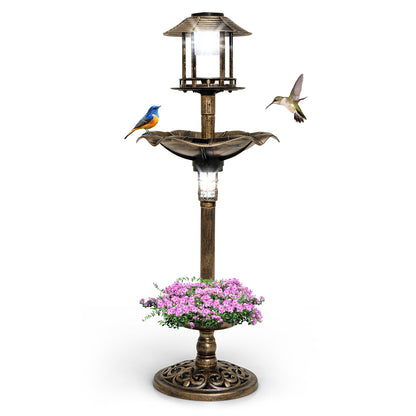 Antique Lighted Birdbath and Feeder Combo with 2 Solar-powered Lamps-Antique