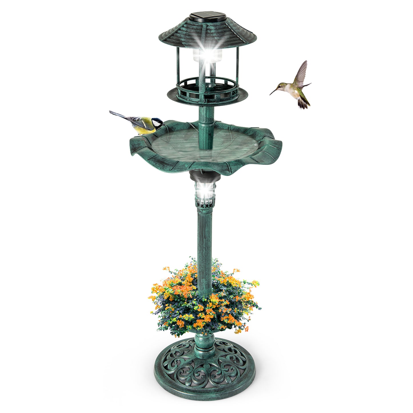 Antique Lighted Birdbath and Feeder Combo with 2 Solar-powered Lamps-Bronze