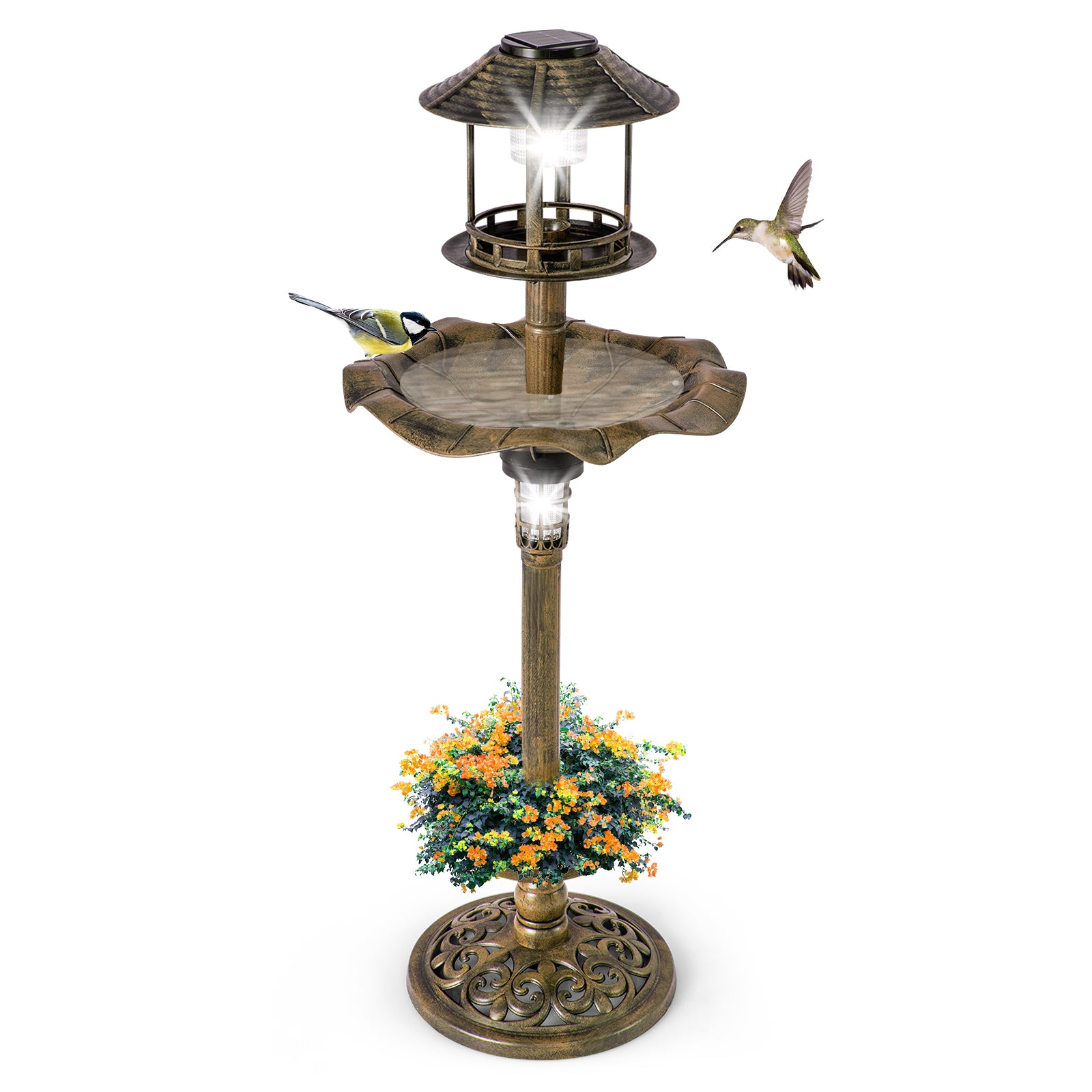 Antique Lighted Birdbath and Feeder Combo with 2 Solar-powered Lamps-Antique