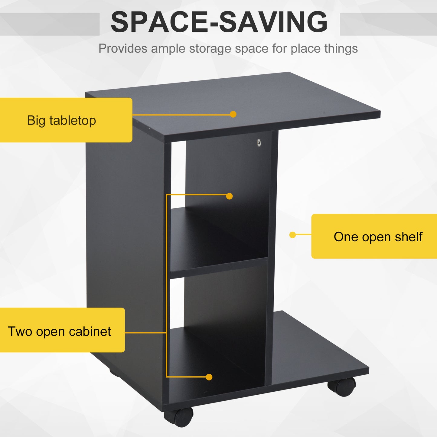 HOMCOM C-Shape End Table Unique Storage Unit w/ 2 Shelves 4 Wheels Freestanding Home Office Furniture Cabinet Square Studio Black