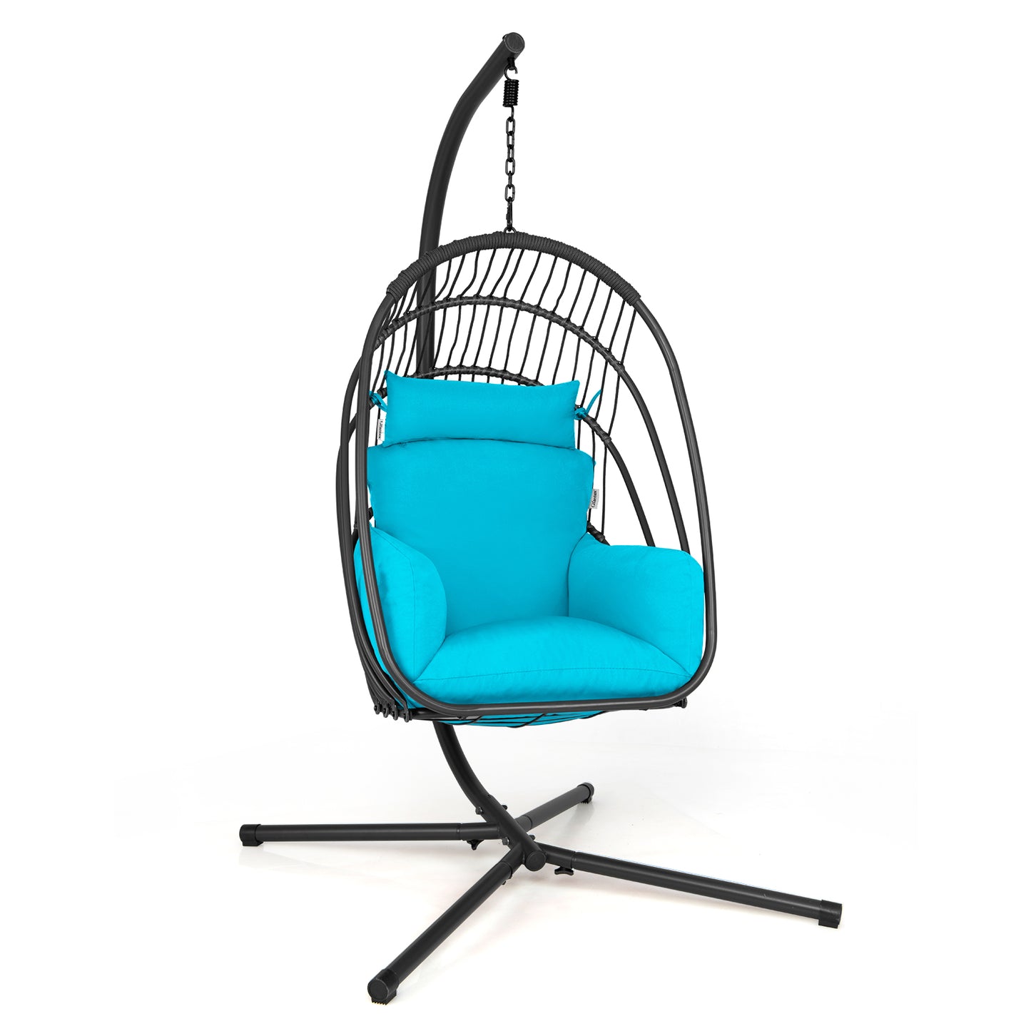 Swing Egg Chair with Stand with Cushion, Pillow and Foldable Seat Basket-Turquoise