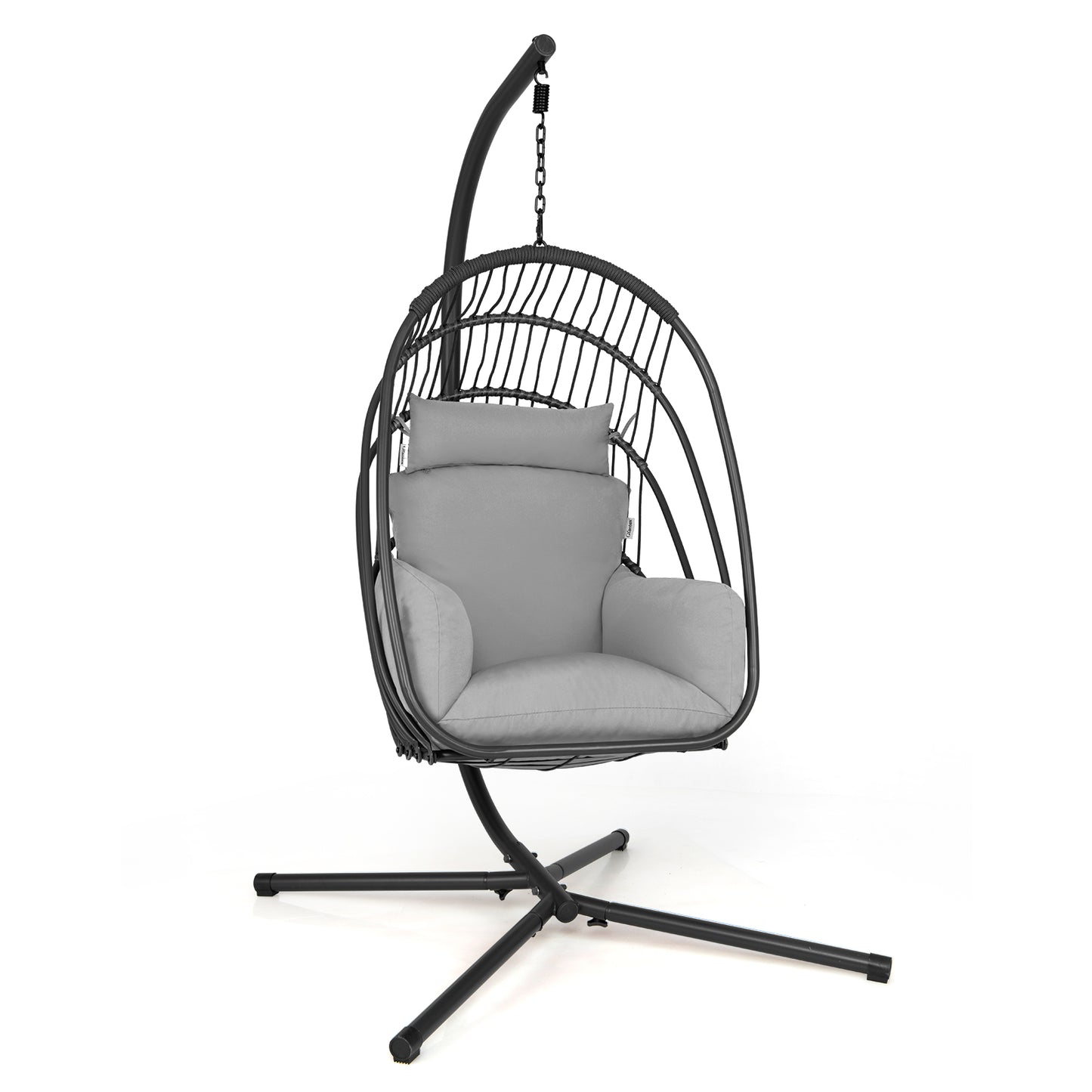 Swing Egg Chair with Stand with Cushion, Pillow and Foldable Seat Basket-Grey