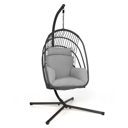 Swing Egg Chair with Stand with Cushion, Pillow and Foldable Seat Basket-Grey