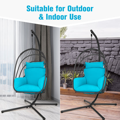 Swing Egg Chair with Stand with Cushion, Pillow and Foldable Seat Basket-Turquoise